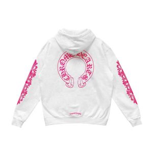 Chrome Heart Pink Horseshoe Floral Sleeve Pullover Hoodie (White / Hot Pink Edition)