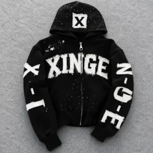 XINGE Black Zip Up Hoodie, Distressed Lettering Urban Streetwear Jacket