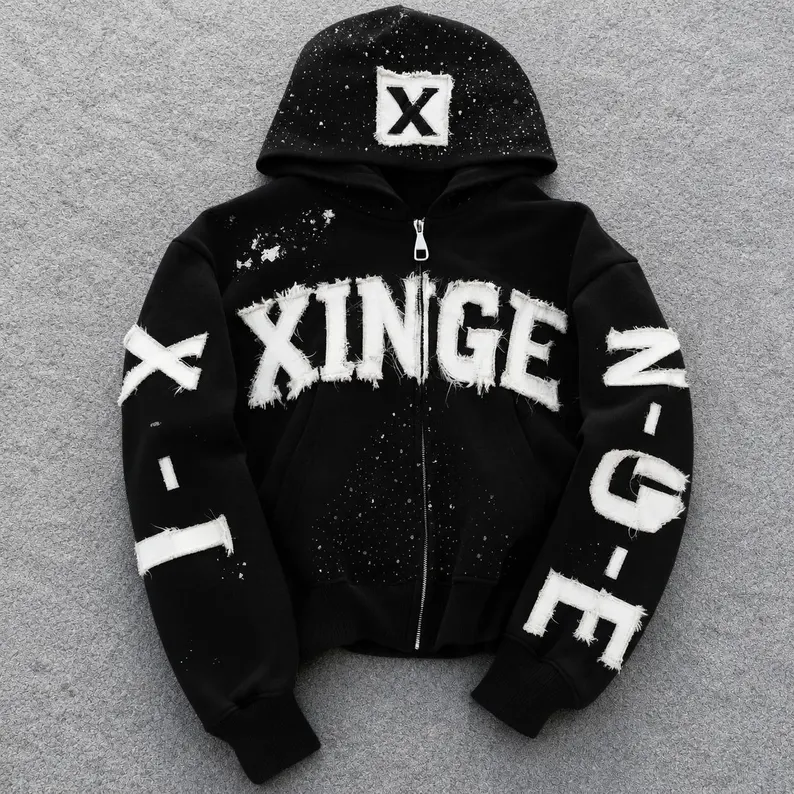 il_794xN.7994809936_hfou XINGE Black Zip Up Hoodie, Distressed Lettering Urban Streetwear Jacket